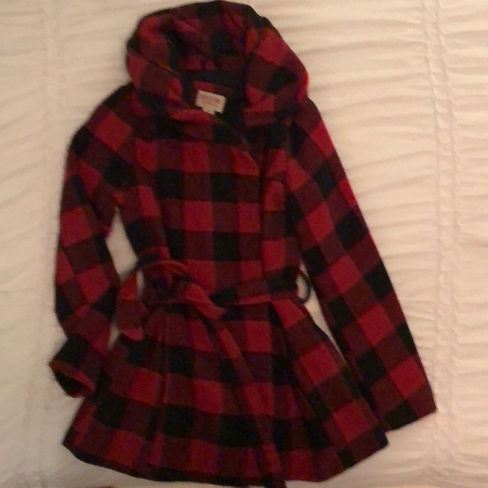 Super fun black and red buffalo check winter coat